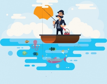 lifestyle painting fishing man icon cartoon character sketch