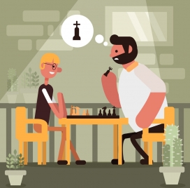 lifestyle painting men playing chess icon cartoon design