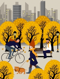 lifestyle painting relaxing people yellow trees cartoon design