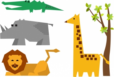 lion rhino crocodile giraffe icons design origami style