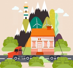 logistic background lorry carrying house icons flat design