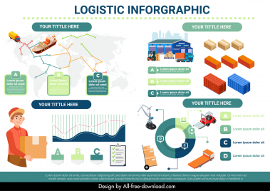 logistics chain infographic template charts vessel container warehouse shipper vehicles sketch
