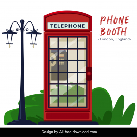 london advertising banner red telephone booth street light flat sketch
