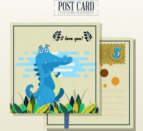 love postcard template crocodile icon cute cartoon design