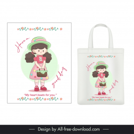 love tote bag design elements cute cartoon girl