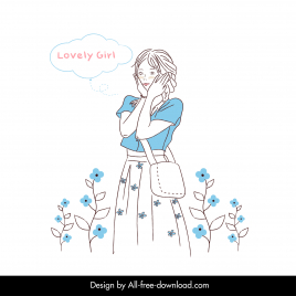 lovely girl icon cute flat handdrawn cartoon sketch