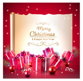 Luxury Christmas greeting card with red gift boxes and old paper