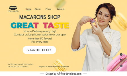 macarons shop landing page discount template dynamic realistic lady