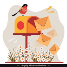mailing background template mail post flowers bird sketch