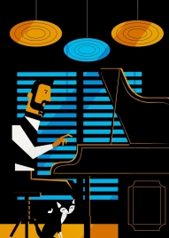 man playing piano drawing colored cartoon design