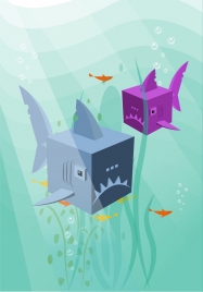marine background fish icons decor cube heads style
