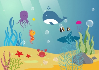 marine background ocean animals icons colorful cartoon style