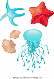 marine background starfish shell jellyfish icons colorful decor