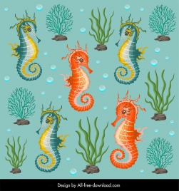 marine pattern template seahorses coral icons decor