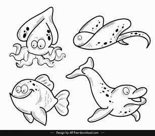 Sea animals icons fishes species sketch handdrawn cartoon vectors stock in  format for free download 