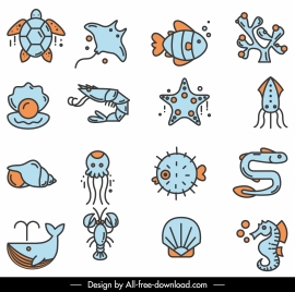 marine species icons flat handdrawn sketch