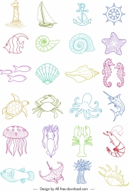 marine symbols icons species maritime elements handdrawn sketch