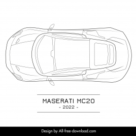 maserati mc20 2022 car model icon flat black white handdrawn top view outline