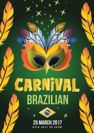 mask carnival poster yellow feathers decoration brazil flag