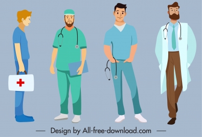 medic occupation icons men sketch colored cartoon characters