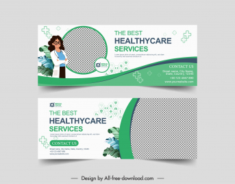 medical advertise banner template cartoon female doctor checkered curves leaves