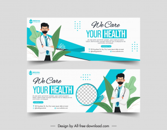 medical banner template cartoon doctor leaves checkered