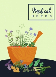 medical herbs advertisement wooden mortar colorful flowers decor