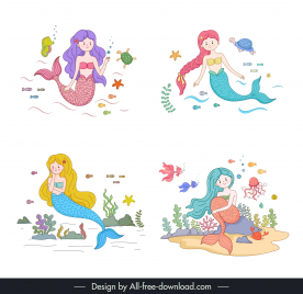 mermaid design elements collection cute cartoon