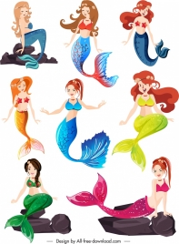 mermaid icons collection cute young girls sketch