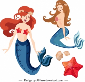 mermaid icons cute girls colored cartoon characters sketch