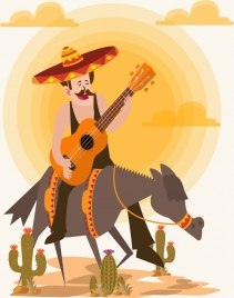 mexico background male guitarist donkey icons colored cartoon