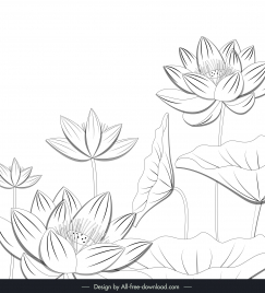 mid autumn design elements handdrawn lotus flowers outline