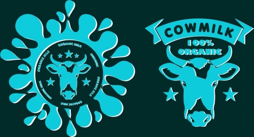 milk logo sets blue splashing cow head decoration