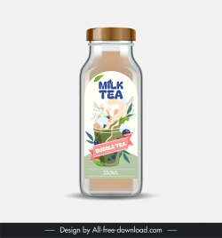 milk tea bottle packaging template dynamic liquid leaves decor