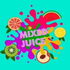mixed juice background colorful splashing fruits icons decoration
