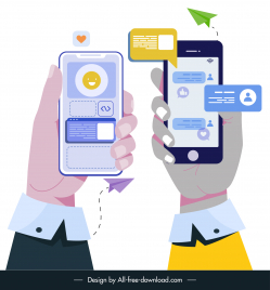 mobile app development services advertising banner hands holding smartphones chat application sketch