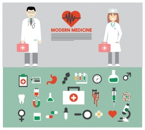 modern medicine banner with tools sets and doctor