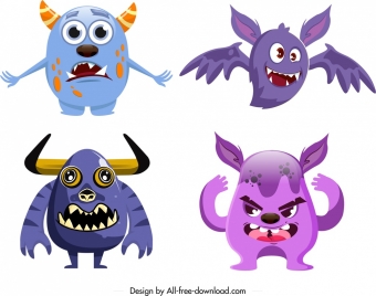 monster icons colored modern design funny cartoon characters
