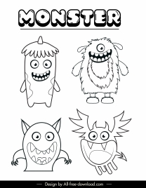monsters ghosts icons funny cartoon characters sketch