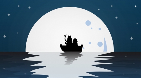 moonlight background seaboat icons silhouette decor