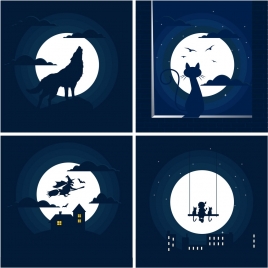 moonlight background sets dark blue design various symbols