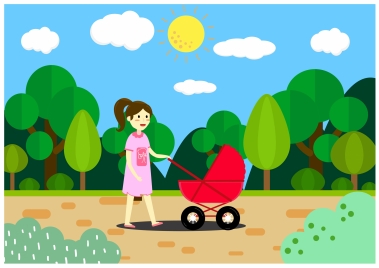 mother walking with stroller drawing in colors design