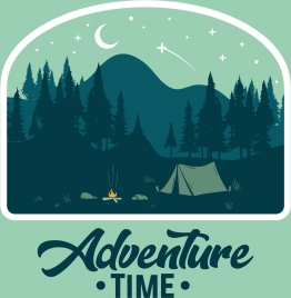 mountain adventure banner night stars moon tent icons