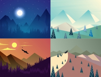 mountain landscape background sets multicolored day night design