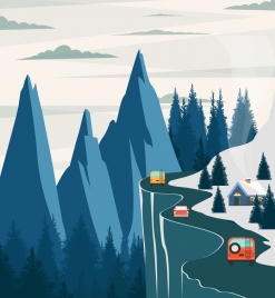 mountain road landscape painting colored cartoon design