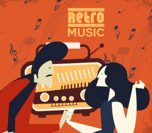 music background man woman radio icons retro design