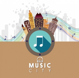 music city banner colorful note and buildings symbol