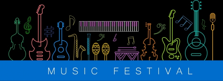 music festival banner instrument icons decor colorful silhouettes