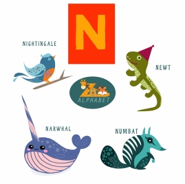 n letter design with colored flat style animals