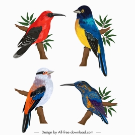 natural bird icons colorful design perching gesture sketch